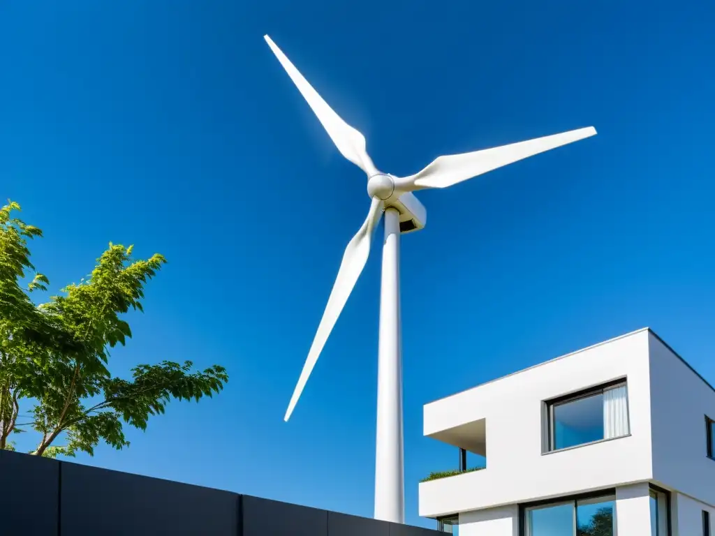 Un moderno vecindario con una discreta turbina eólica integrada en un patio, simbolizando las ventajas y desafíos de energía eólica doméstica