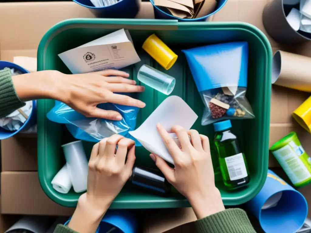 Un momento tierno en el que unas manos separan cuidadosamente materiales reciclables, transmitiendo responsabilidad ambiental