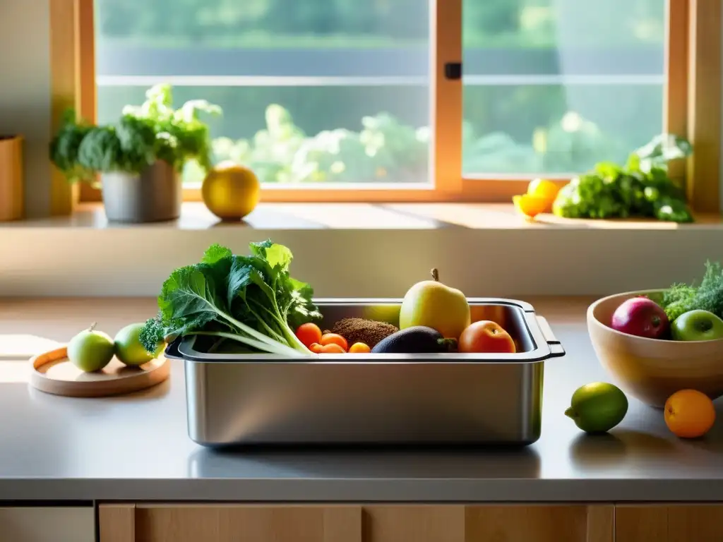 Un momento tranquilo en la cocina, mostrando el compostaje para reducir residuos con frutas, verduras y una compostera iluminados por la luz natural