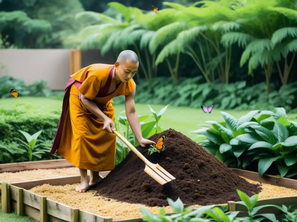 Un monje budista cuida con reverencia un próspero montón de compost en un jardín exuberante, rodeado de vida