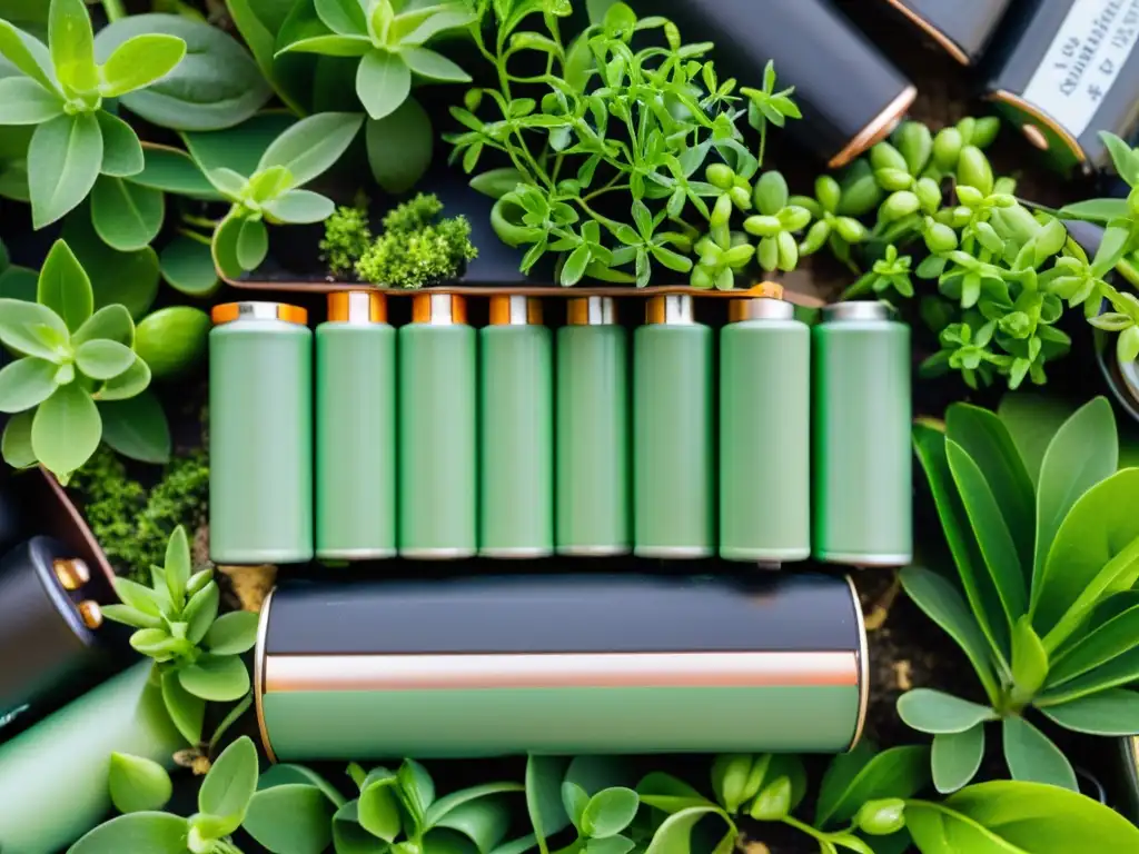Un montón de baterías usadas rodeadas de plantas verdes, simbolizando el reciclaje y el impacto ambiental
