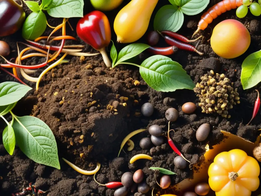 Un montón de compost avanzado con capas de materiales orgánicos, resaltando colores y texturas, con lombrices de tierra aerando el compost