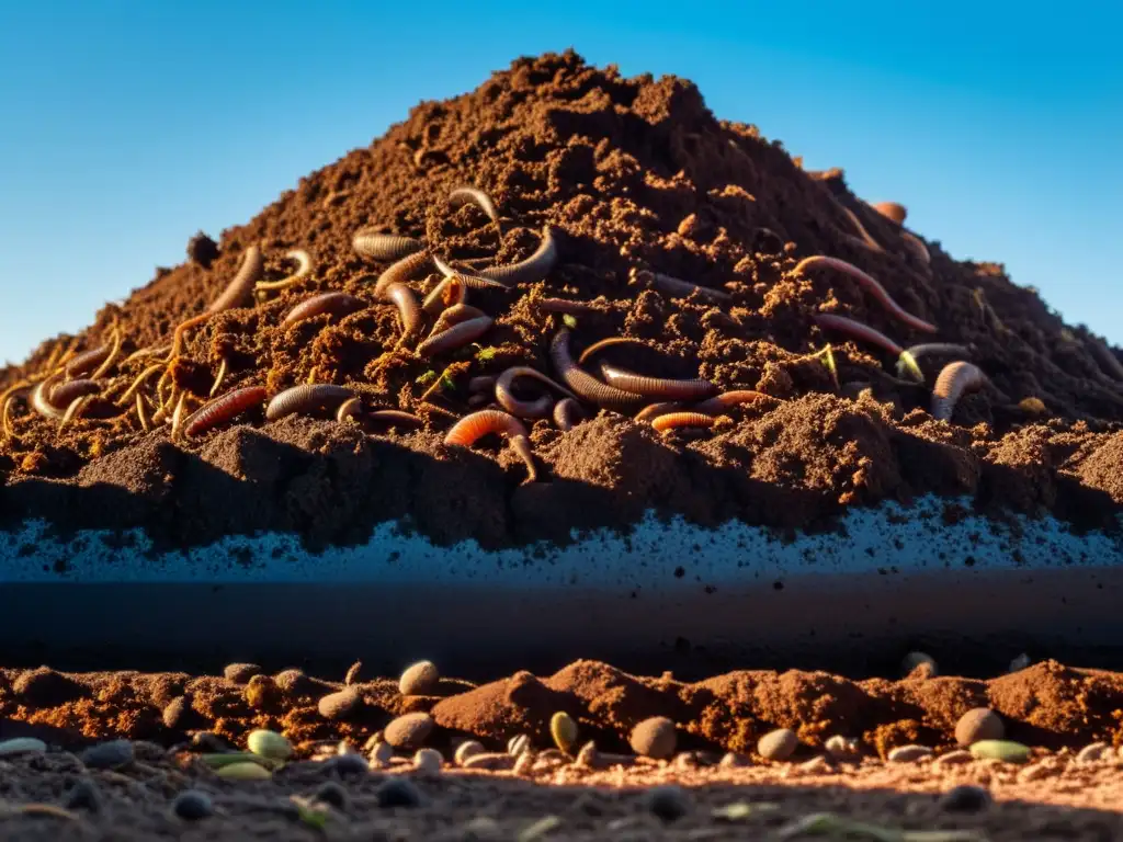 Un montón de compost bañado por la cálida luz del sol, con detalles de materia orgánica en descomposición y lombrices moviéndose entre las capas