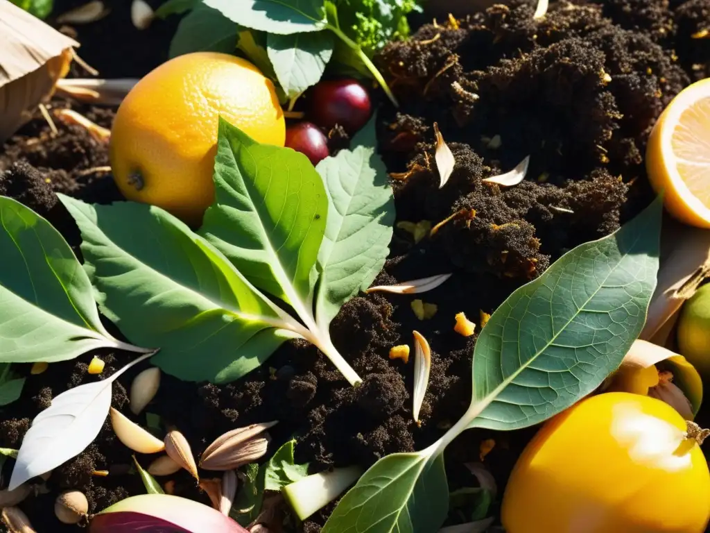 Un montón de compost con capas de residuos orgánicos en descomposición, iluminado por el sol