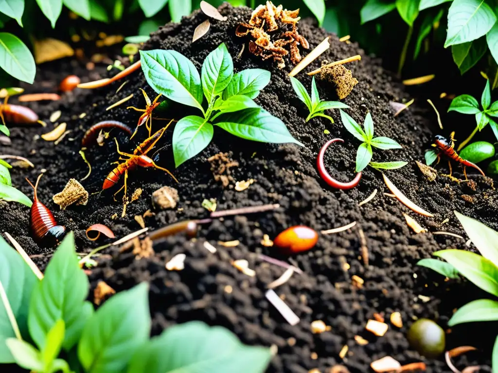 Un montón de compost en el jardín, con capas de restos de comida y hojas descomponiéndose en compost oscuro y rico