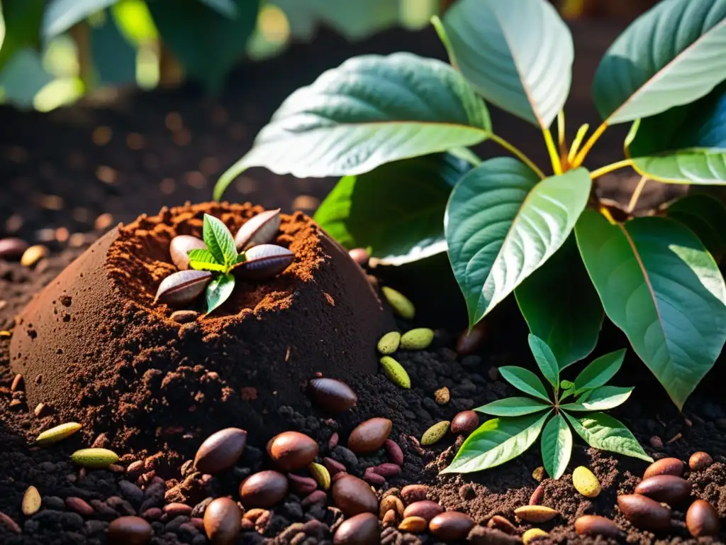 Un montón de compost de cáscaras de cacao rodeado de tierra oscura y llena de lombrices