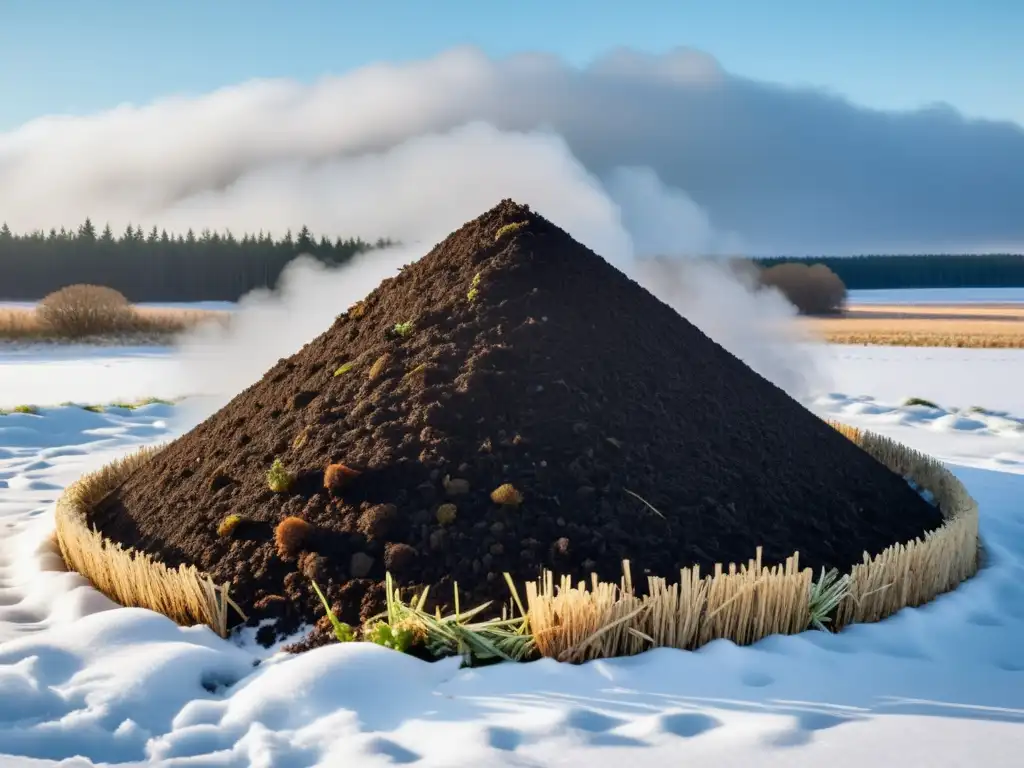 Un montón de compost en clima frío, rodeado de hielo y vapor, destaca la efectividad de equipos de compostaje para climas fríos