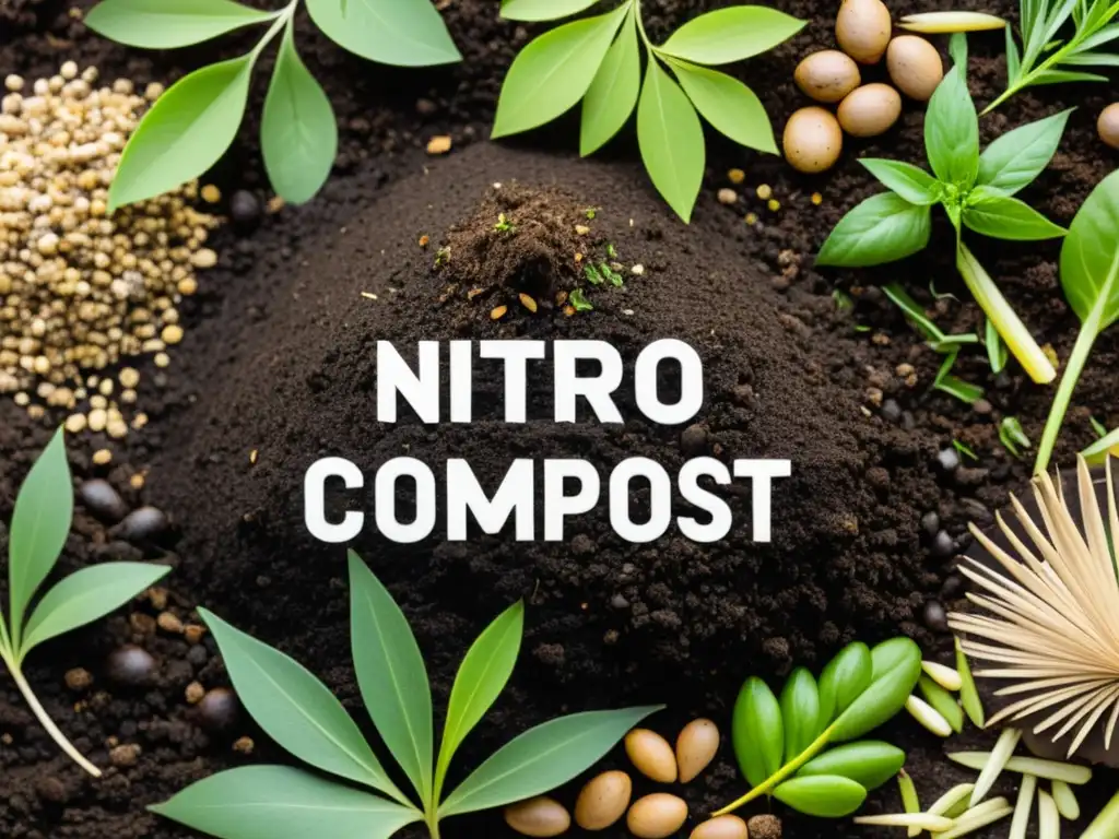 Un montón de compost detallado resaltando el equilibrio de materiales ricos en nitrógeno y carbono