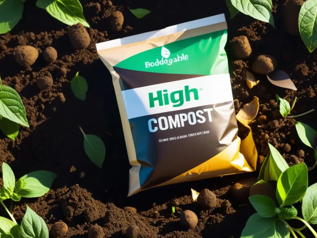 Un montón de compost con embalajes biodegradables descomponiéndose, resaltando los beneficios del compostaje