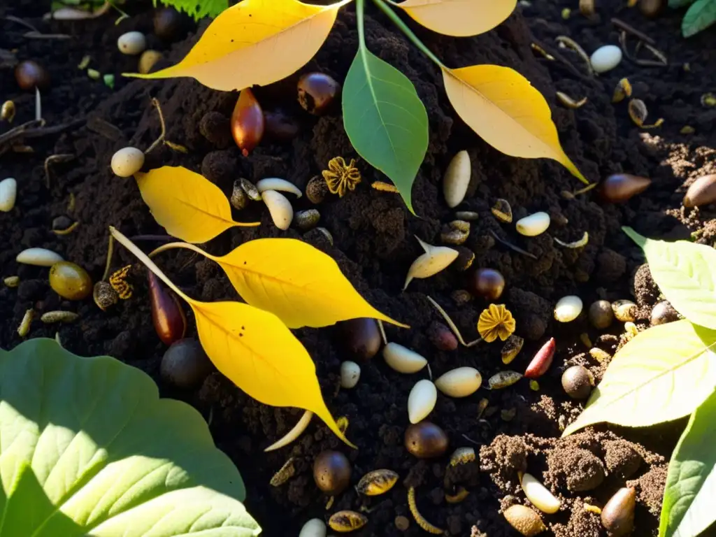 Un montón de compost exuberante y vibrante con materiales orgánicos en descomposición rodeado de suelo oscuro y gusanos