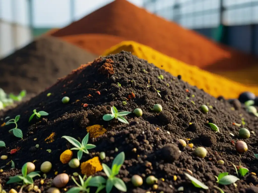 Montón de compost en fábrica de especias, resaltando beneficios del compostaje en industria con microorganismos beneficiosos y prácticas sostenibles