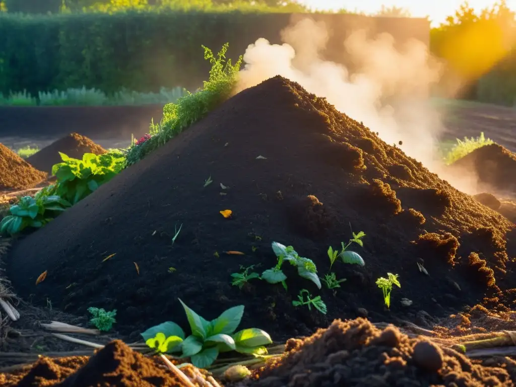 Un montón de compost humeante en la luz de la mañana, con capas de material orgánico descomponiéndose y liberando calor, rodeado de microbios e insectos beneficiosos