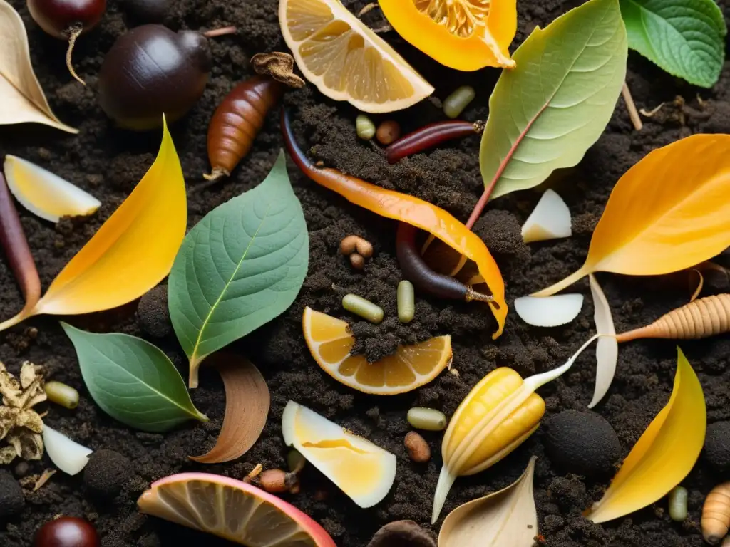 Un montón de compost con materiales orgánicos en descomposición, resaltando la belleza y el impacto positivo de la descomposición natural