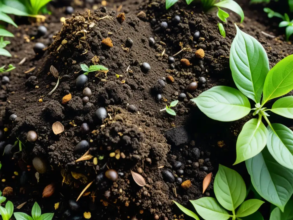 Montón de compost orgánico oscuro, rodeado de plantas exuberantes