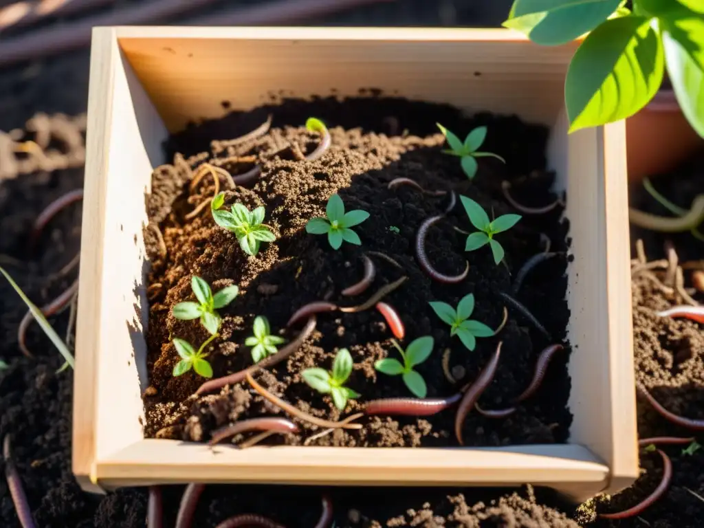 Un montón de compost oscuro y fértil lleno de lombrices y microorganismos beneficiosos