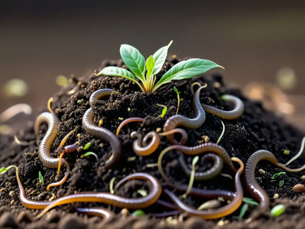 Montón de compost oscuro con lombrices y brotes verdes, simbolizando el potencial para recursos financieros para empresa compostaje