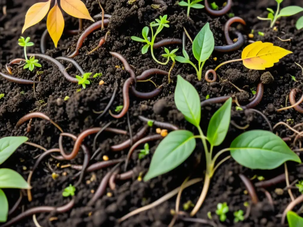 Un montón de compost oscuro rebosante de lombrices y microorganismos beneficiosos