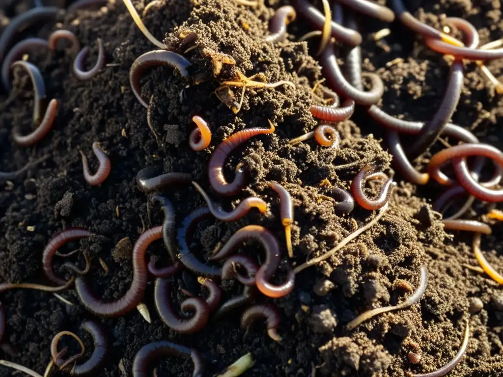 Un montón de compost oscuro y rico, lleno de lombrices y materia orgánica en descomposición