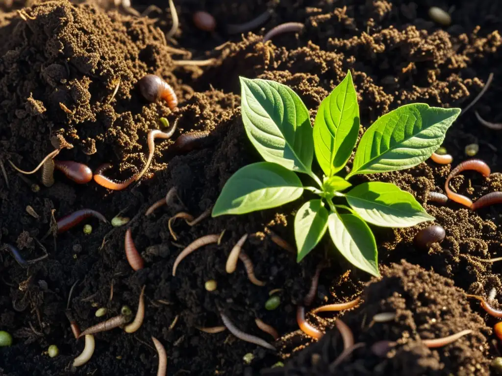 Un montón de compost oscuro y rico, lleno de lombrices y microorganismos beneficiosos