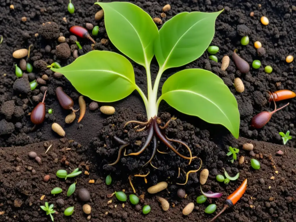 Un montón de compost oscuro y rico, con lombrices y restos de frutas y verduras descompuestas, listo para el compostaje de frutas y verduras