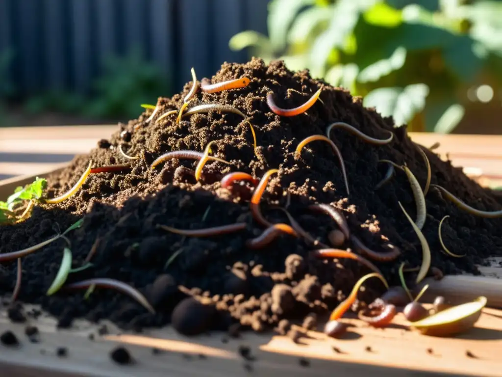 Un montón de compost en el patio, con tierra oscura llena de lombrices y microorganismos beneficiosos