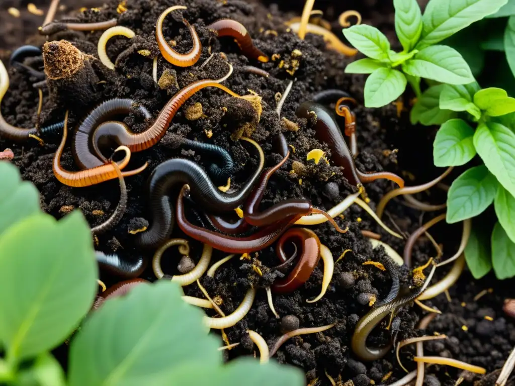 Un montón de compost en plena ebullición, con una gran biodiversidad de organismos descomponedores como lombrices, escarabajos y microorganismos