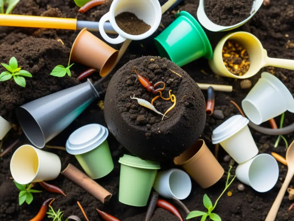 Un montón de compost donde los productos plásticos biodegradables se integran naturalmente