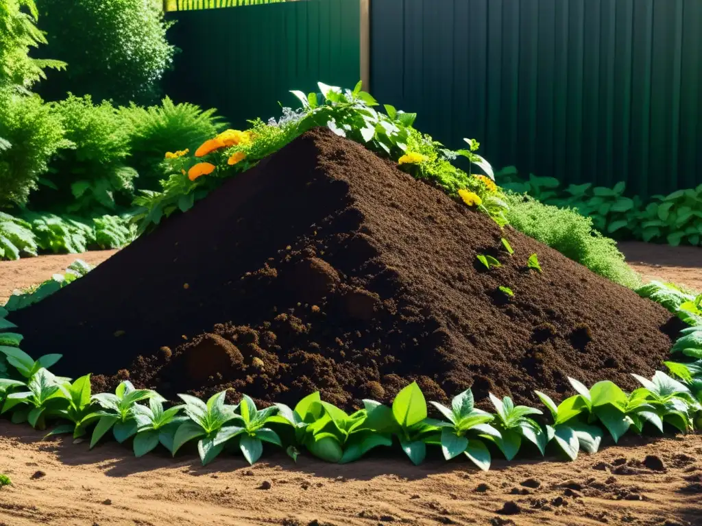 Un montón de compost rebosante de vida y descomposición, rodeado de plantas verdes y flores, con impacto positivo en el suelo