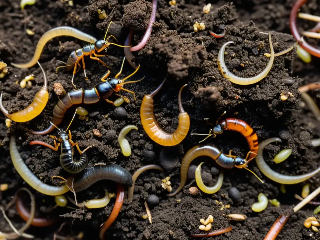 Un montón de compost con restos de comida en descomposición, lombrices y pequeños insectos