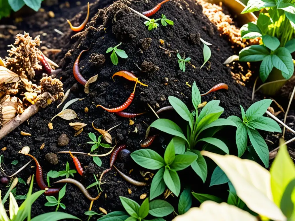 Compostaje orgánico en el jardín: detalle fascinante Un montón de compost en el jardín, con restos de vegetales, hojas y pasto