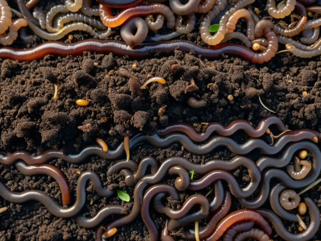 Un montón de compost rico y oscuro rebosante de vida, con lombrices y microorganismos