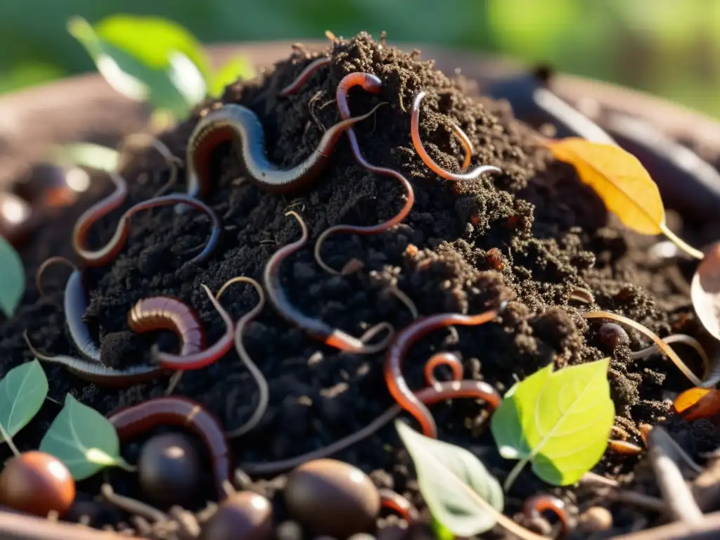 Un montón de compost rico y oscuro con lombrices y microorganismos beneficiosos, rodeado de hojas y ramitas