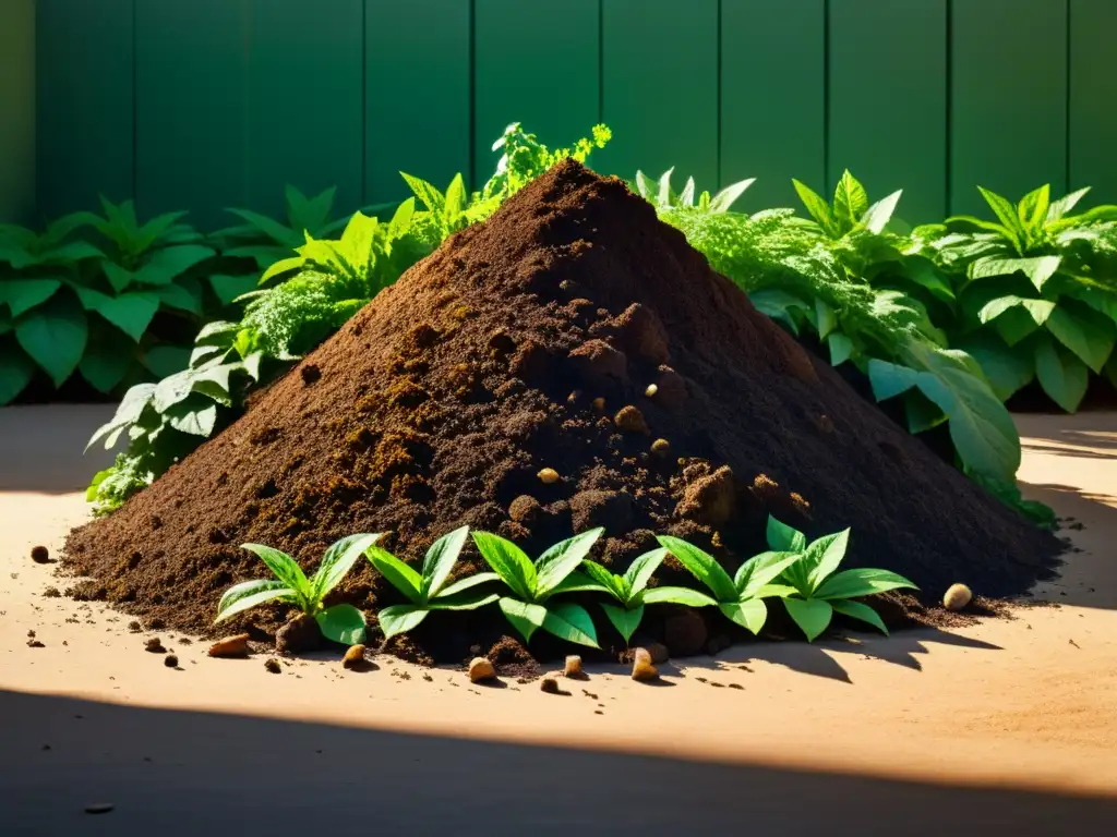 Un montón de compost rodeado de exuberante vegetación, con la luz del sol filtrándose entre las hojas y proyectando sombras moteadas