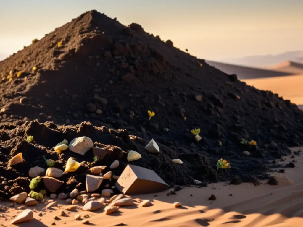 Montón de compost seco en paisaje árido, contrastando la fertilidad del compost con la aridez del entorno