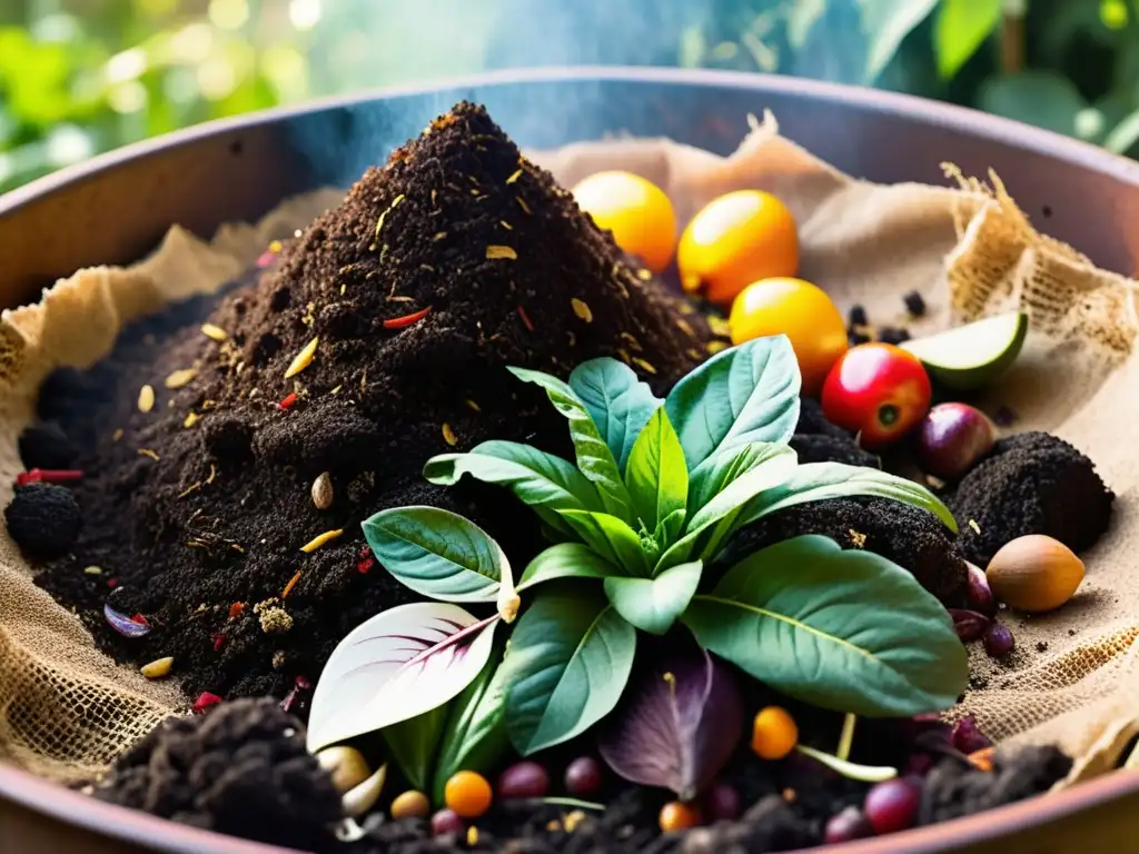 Un montón de compost tradicional mediterráneo, con capas de restos de cocina y desechos orgánicos, emanando vapor bajo el cálido sol