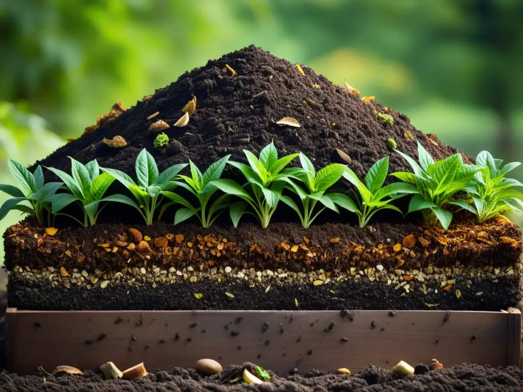 Un montón de compost verde exuberante, con capas de materia orgánica, emanando armonía y equilibrio