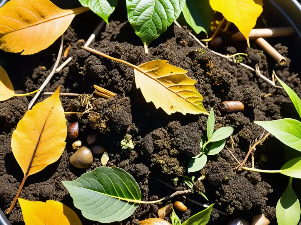 Un montón de compost verde exuberante con capas de residuos orgánicos, hojas caídas y ramitas, liberando vapor bajo la cálida luz del sol