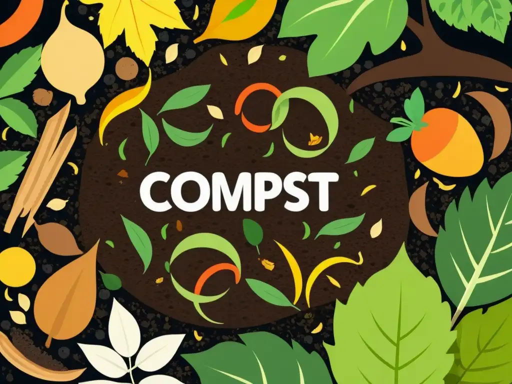 Un montón de compost verde exuberante rodeado de desechos orgánicos como cáscaras de frutas, restos de vegetales y hojas caídas