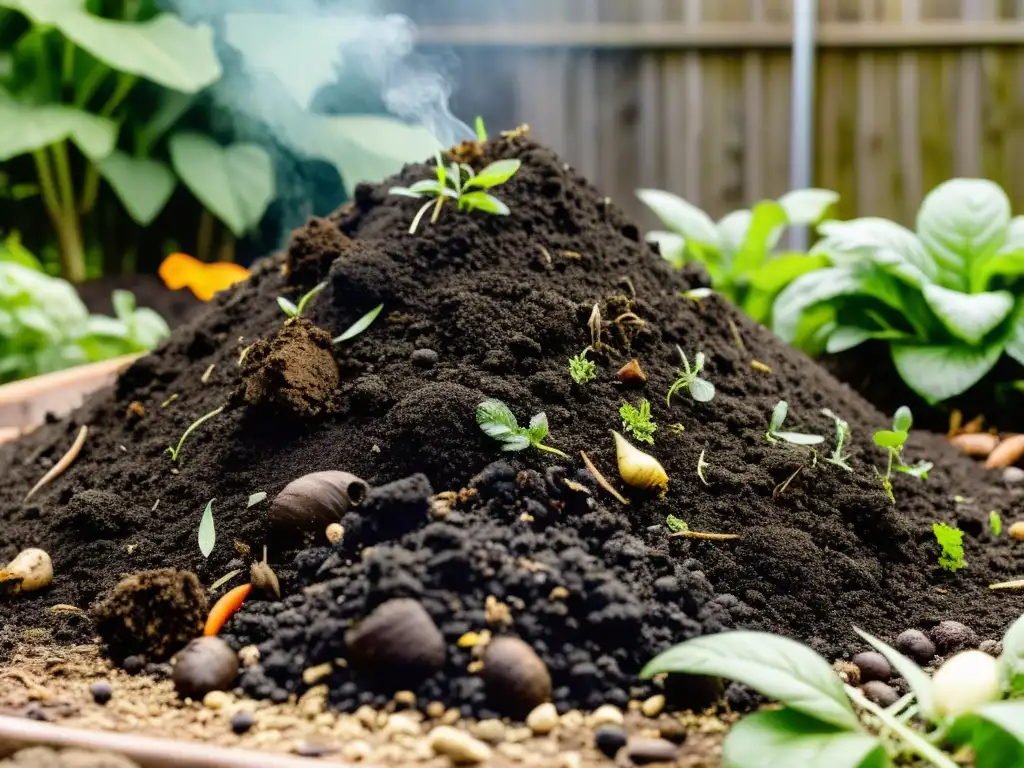 Un montón de compost verde y exuberante en un patio trasero, generando calor y transformando desechos orgánicos en suelo rico en nutrientes