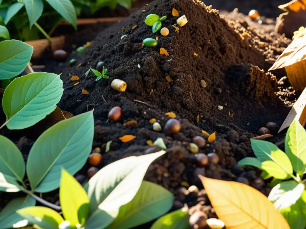 Un montón de compost vibrante y detallado con capas de materiales orgánicos verdes y marrones apilados en un contenedor