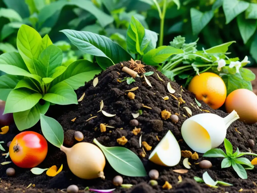 Un montón de compost vibrante rodeado de plantas verdes y flores, fomentando el compostaje sin pesticidas