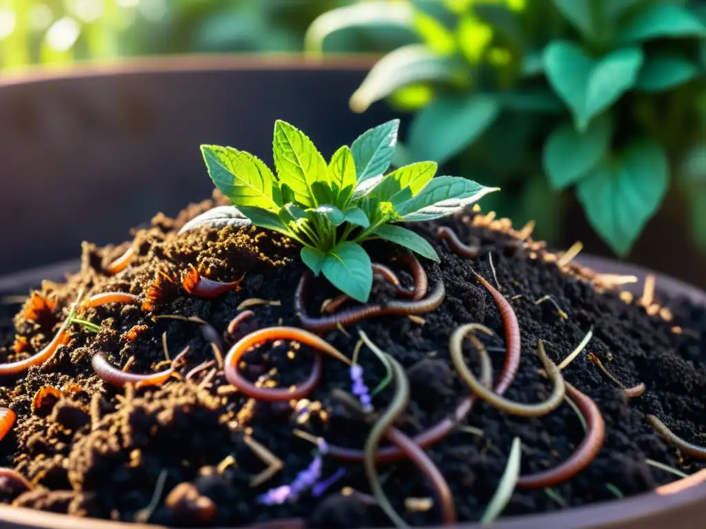Compostaje orgánico: detallada vida en el jardín Un montón de compostaje en un jardín orgánico rodeado de hierbas aromáticas, bañado por la cálido sol