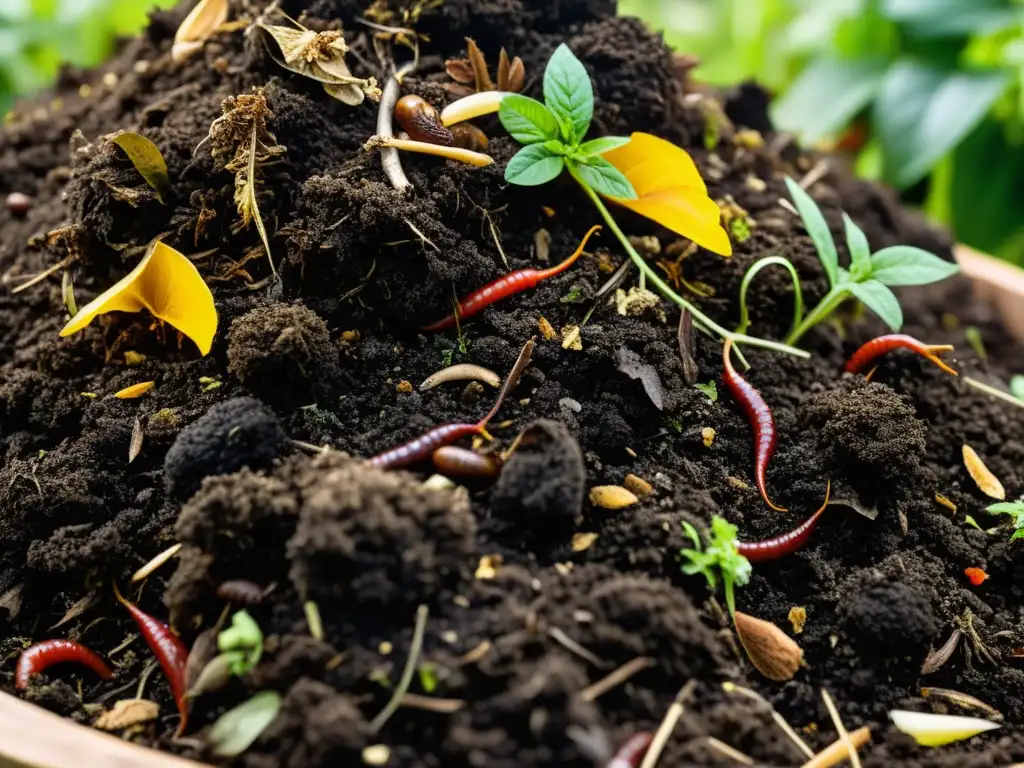 Un montón de compostaje en el jardín para principiantes, rebosante de vida y nutrientes, rodeado de exuberante vegetación