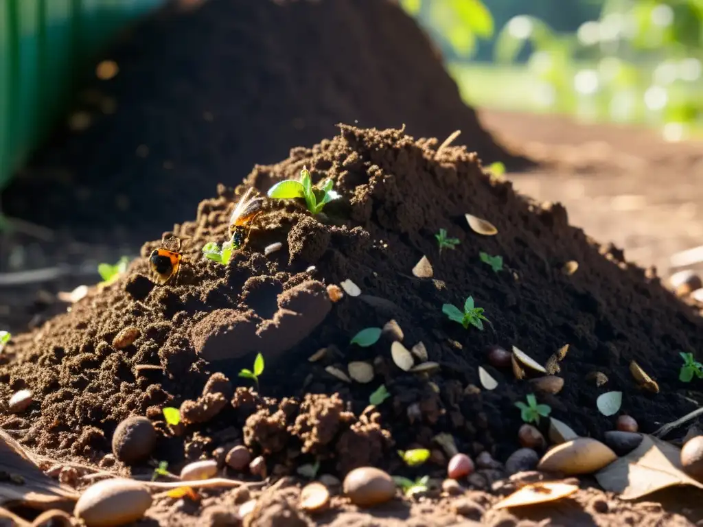 Montón de compostaje próspero con microorganismos y insectos en descomposición, bajo la luz del sol