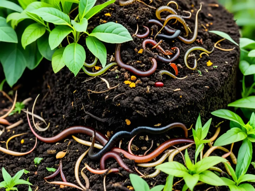 Un montón de compostaje próspero rodeado de plantas vibrantes, sin rastros de plagas