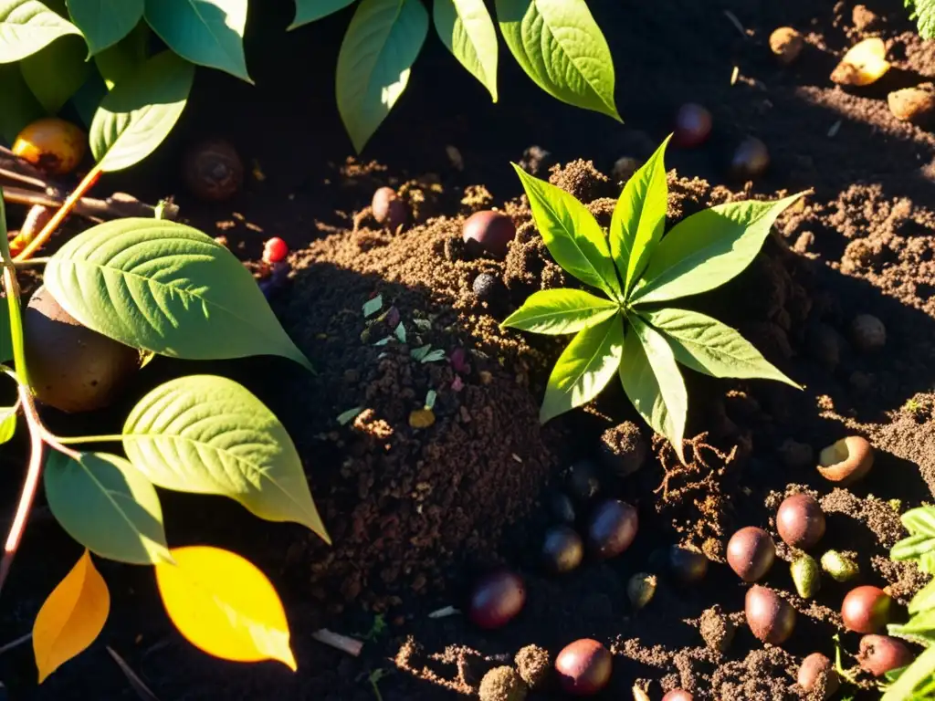 Un montón de compostaje vibrante en el jardín, mostrando la belleza de la descomposición natural y el proceso de compostaje para reducir residuos