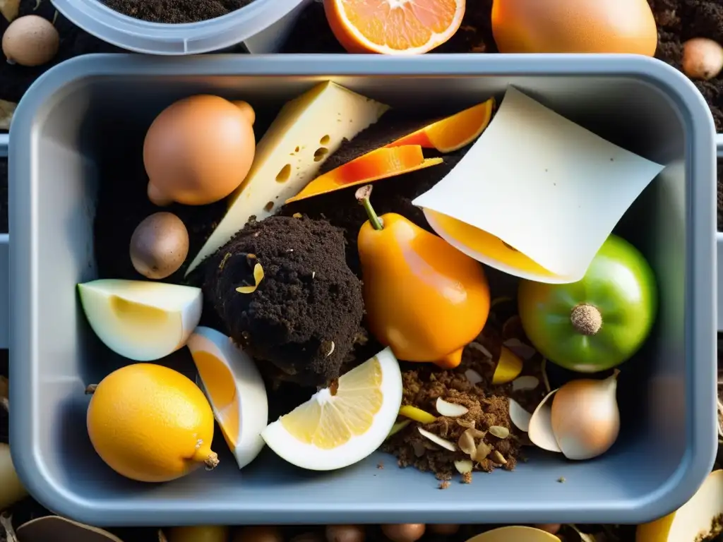 Compostaje: Transformación Orgánica en Detalle Un montón de desechos orgánicos se descompone en un contenedor de compostaje, mostrando las historias de compostaje en catering