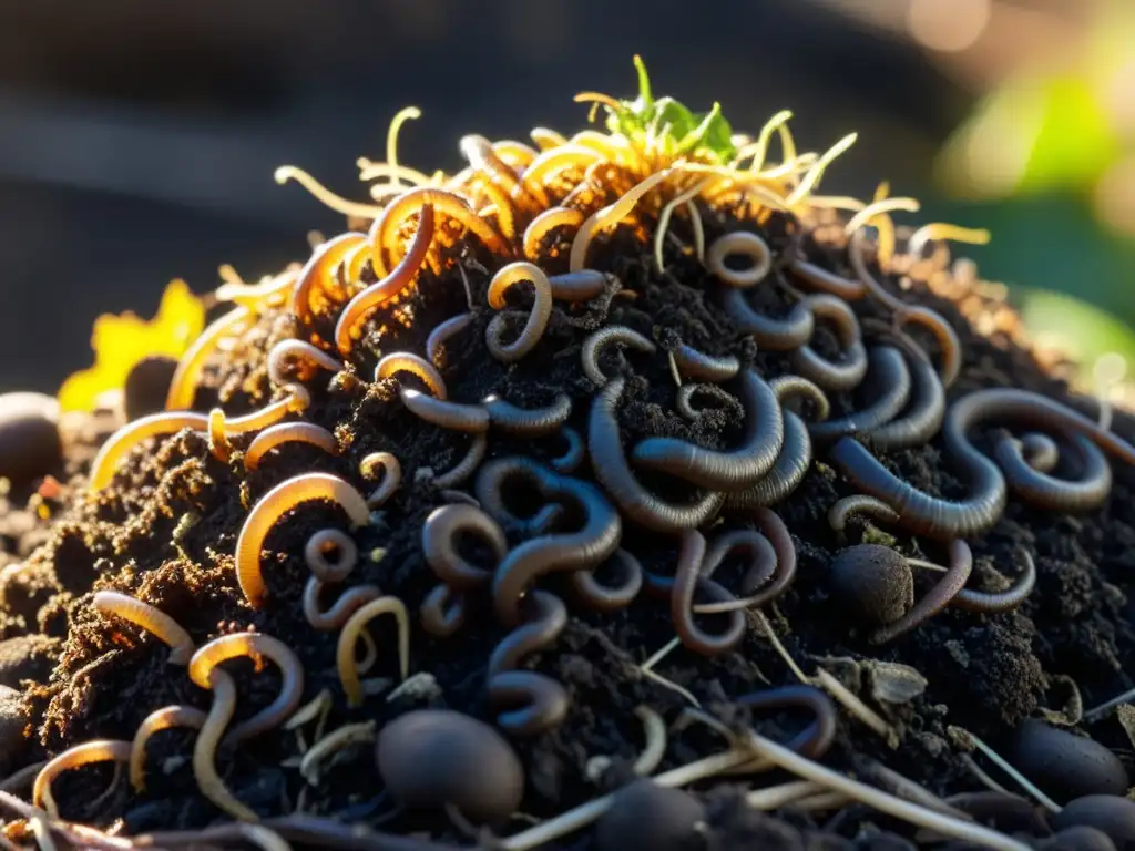 Un montón ordenado de compost oscuro rebosante de vida, muestra la importancia del carbono y nitrógeno en compostaje