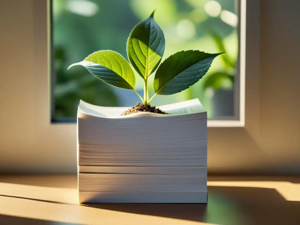 Un montón de papel reciclado iluminado por la luz del sol, rodeado de plantas verdes