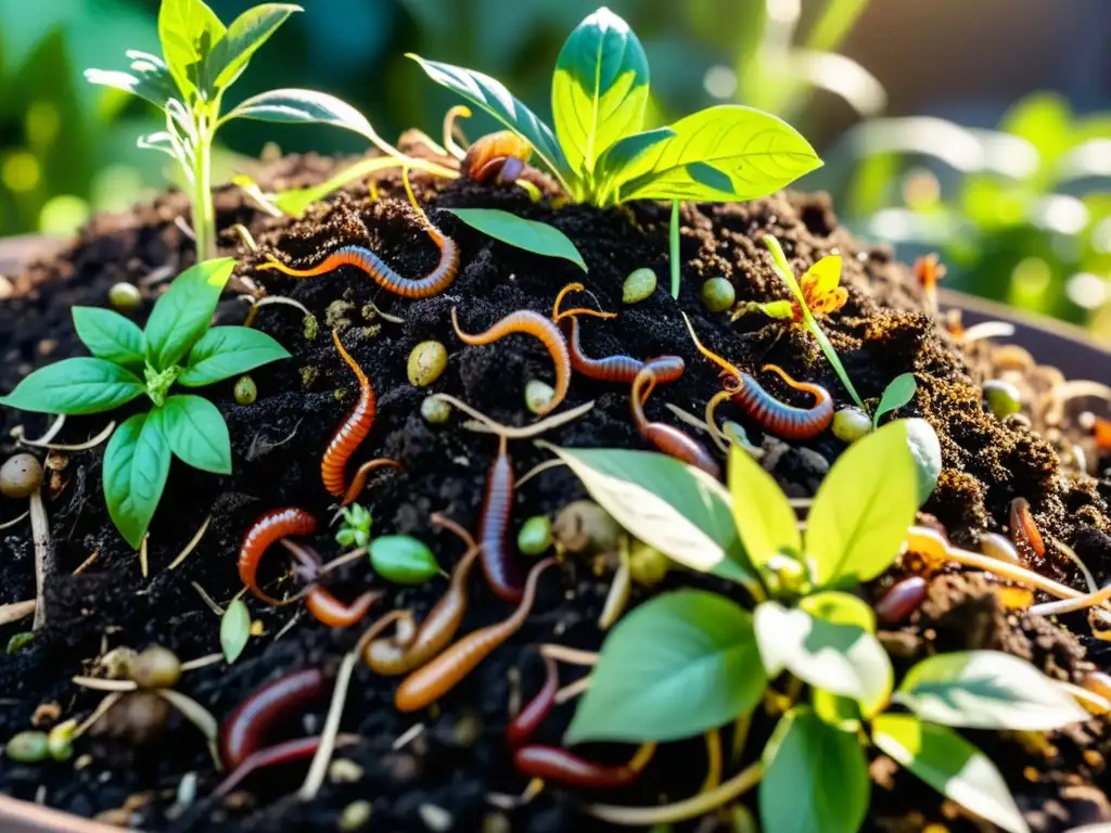 Un montón de compost próspero en un jardín hogareño, rebosante de vida y texturas, con gusanos y brotes nuevos